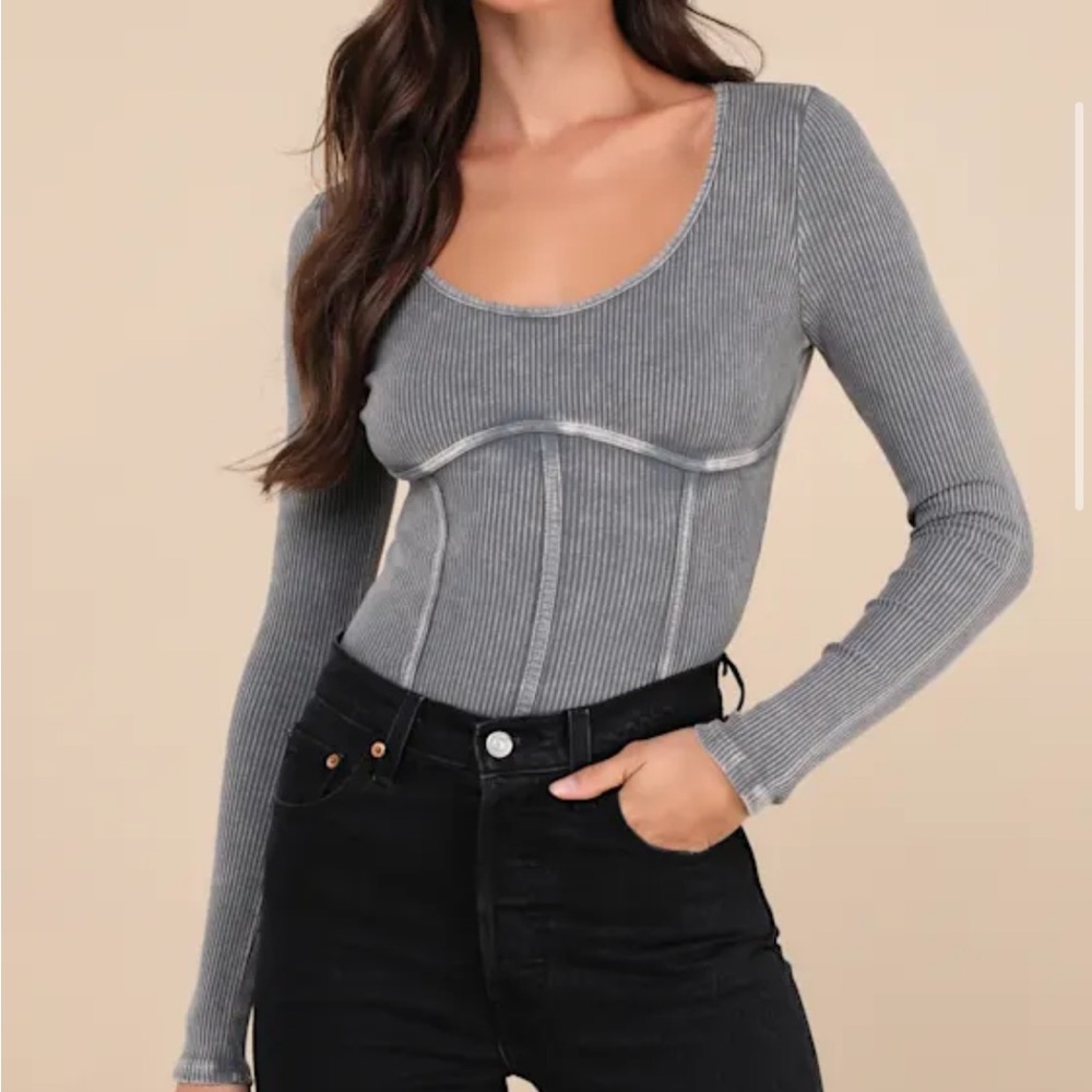 Endless Cuteness Washed Grey Ribbed Seamed Long Sleeve Top size Small NWT